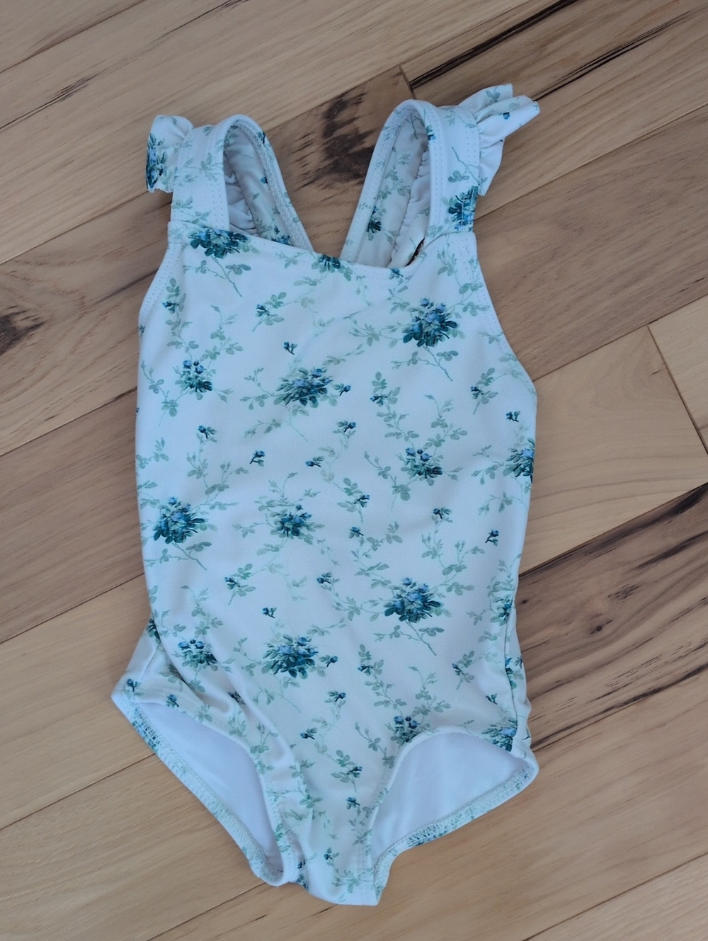 Kids One-Piece Floral Swim Suit - White with Teal Floral